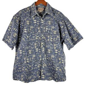 Vtg Woolrich Shirt Mens XL Denim Fishing Print Short Sleeve Button Up USA Made